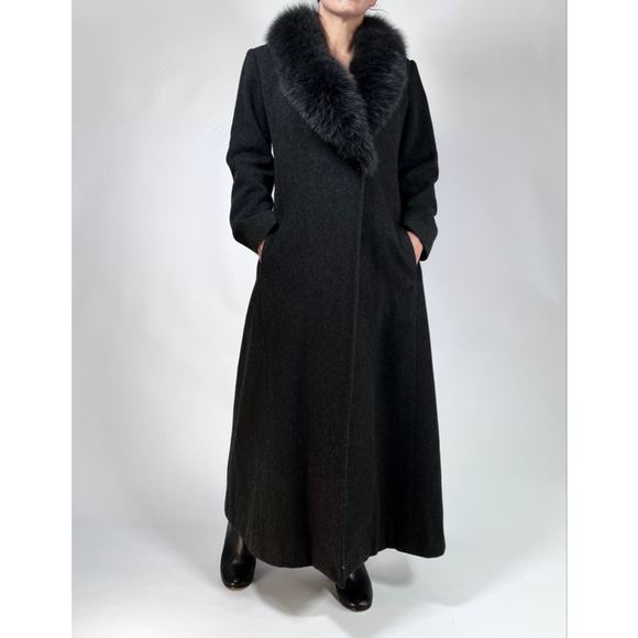 MARVIN RICHARDS Womans Coat Charcoal 100% Lambswool Fox Fur Maxi Coat Size 4 - Picture 3 of 12